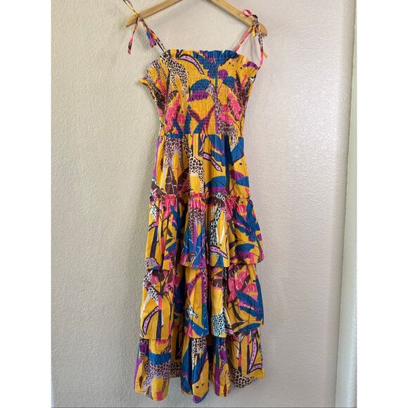 Oliphant Tie Strap Tiered Midi Dress Womens Size Small Kruger Saffron Tropical - Picture 2 of 14